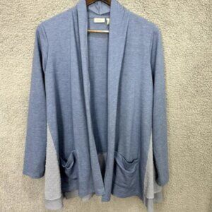 LOGO Lounge Cardigan Womens XS Blue Open Front Drape Pockets Boho Layered Cozy